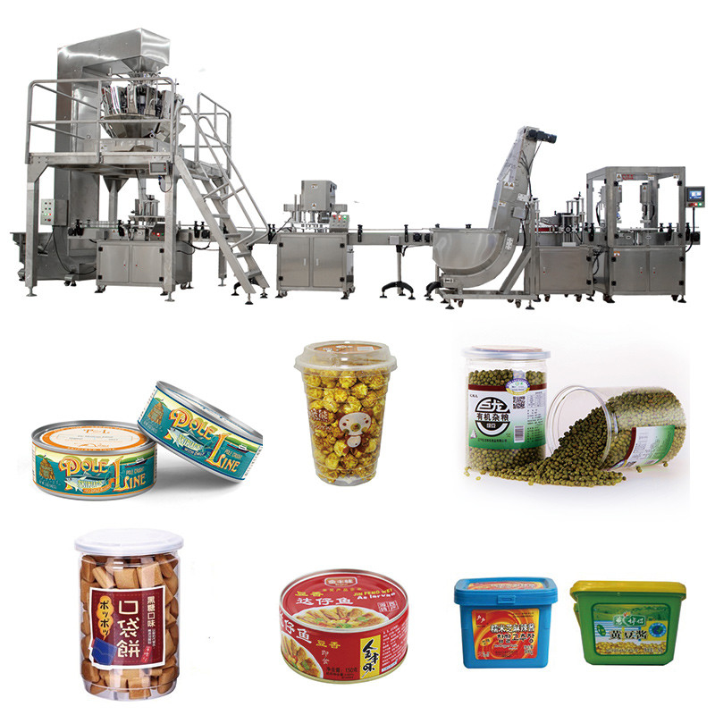 Linea automatica fondente Candy dell'imbottigliamento che pesa la tappatrice rotatoria diritta del materiale da otturazione del barattolo della cassa della latta