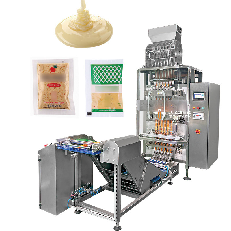 Macchine automatiche di riempimento a polvere, salsa liquida, sacchetto a bastone, a più corsie, con pesatrice di controllo