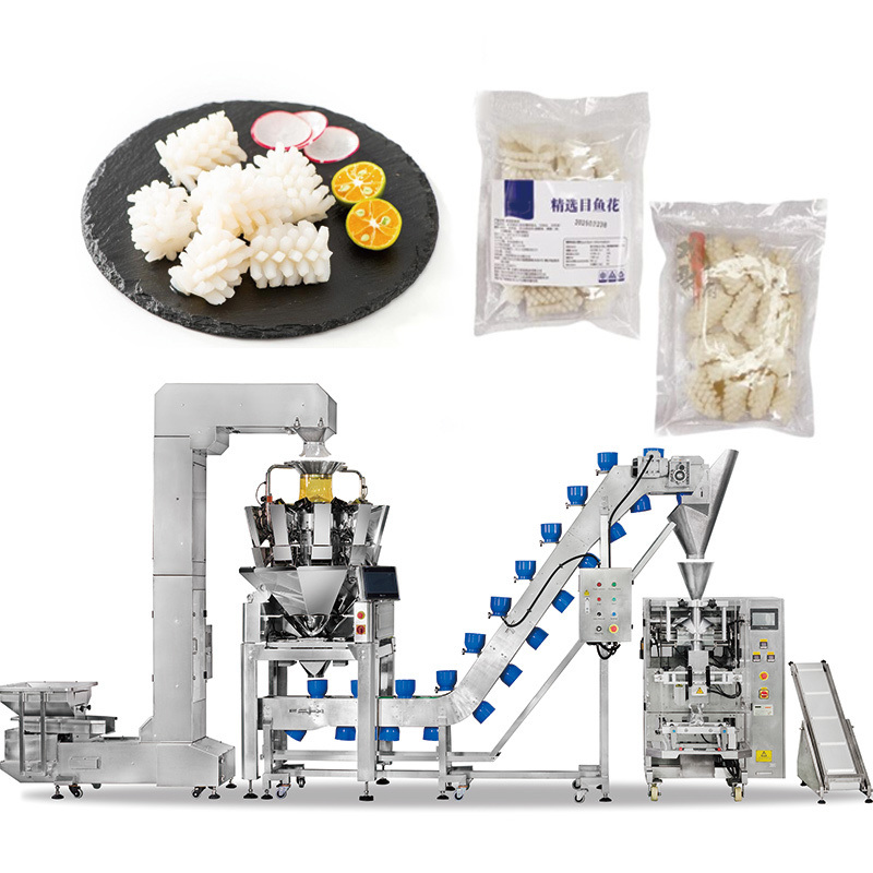 Macchina confezionatrice automatica sottovuoto per alimenti surgelati, buste per alimenti, anelli di calamari, macchina confezionatrice con pesatrice a più teste