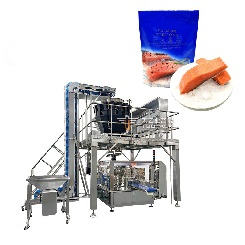 Macchina di imballaggio automatico di pesatura e riempimento di pollo e carne di manzo con cerniera prefabricata Macchina di imballaggio di sacchetti di pesce e carne di manzo congelati