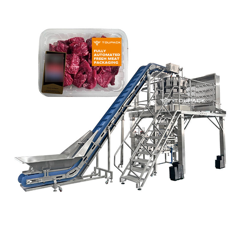 Linea automatica di confezionamento di insalate e frutta con sigillatrice per vassoi pesatrice multitesta per piatti pronti