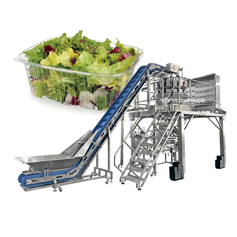 Linea automatica di confezionamento di insalate e frutta con sigillatrice per vassoi pesatrice multitesta per piatti pronti