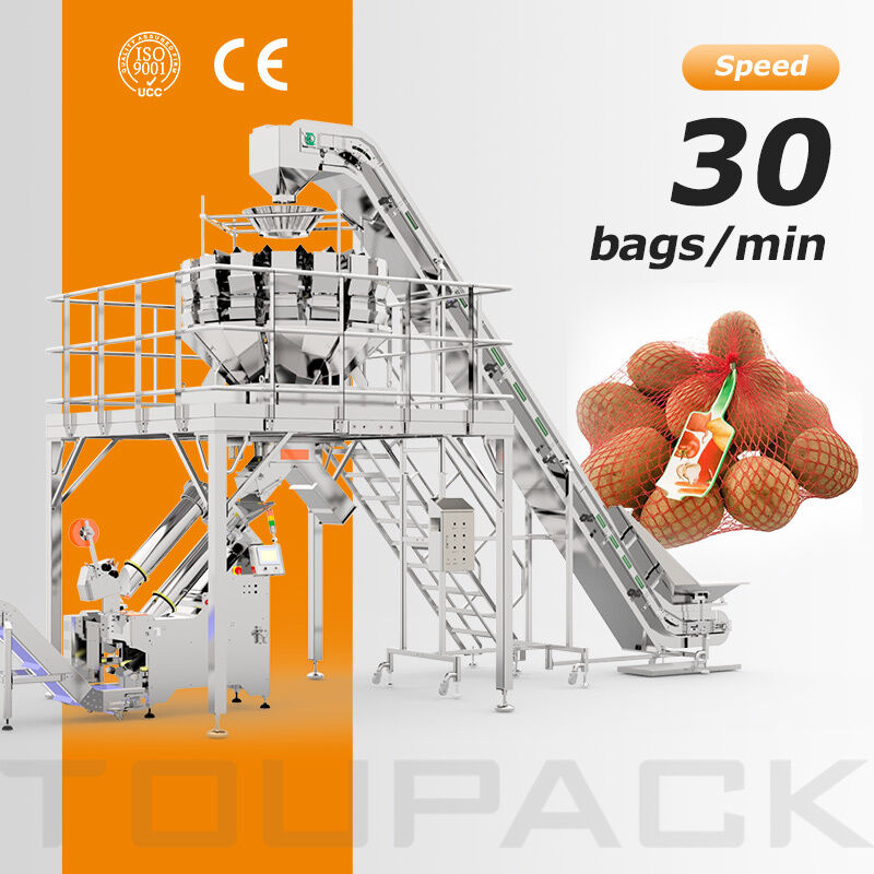 Linea di imballaggio per sacchi industriali a maglia di patate con sacchetto di riempimento automatico per pesatrici e inseritore di tag