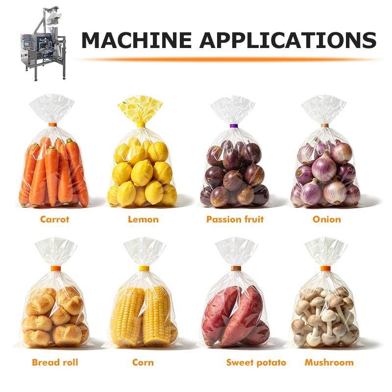 Chiuditrice automatica di sacchetti per il confezionamento di frutta e verdura fresca con nastro adesivo o sistema di chiusura con clip in plastica