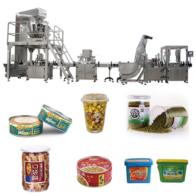 Linea automatica fondente Candy dell'imbottigliamento che pesa la tappatrice rotatoria diritta del materiale da otturazione del barattolo della cassa della latta