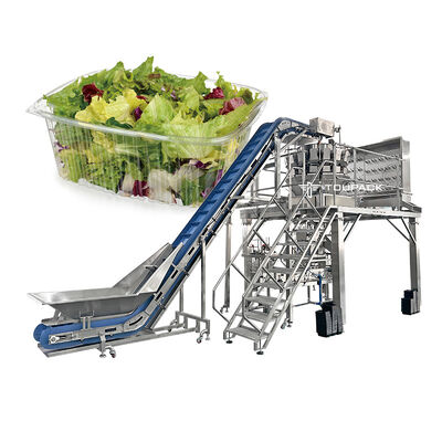 Linea automatica di confezionamento di insalate e frutta con sigillatrice per vassoi pesatrice multitesta per piatti pronti