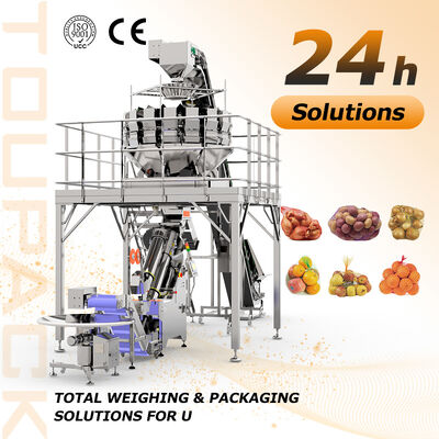 Linea di imballaggio per sacchi industriali a maglia di patate con sacchetto di riempimento automatico per pesatrici e inseritore di tag