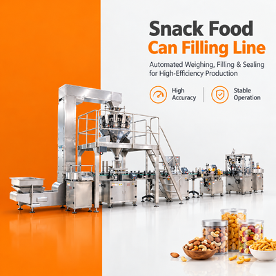 Macchina automatica per il riempimento e la pesatura di snack soffiati con sigillatura e etichettatura di lattine